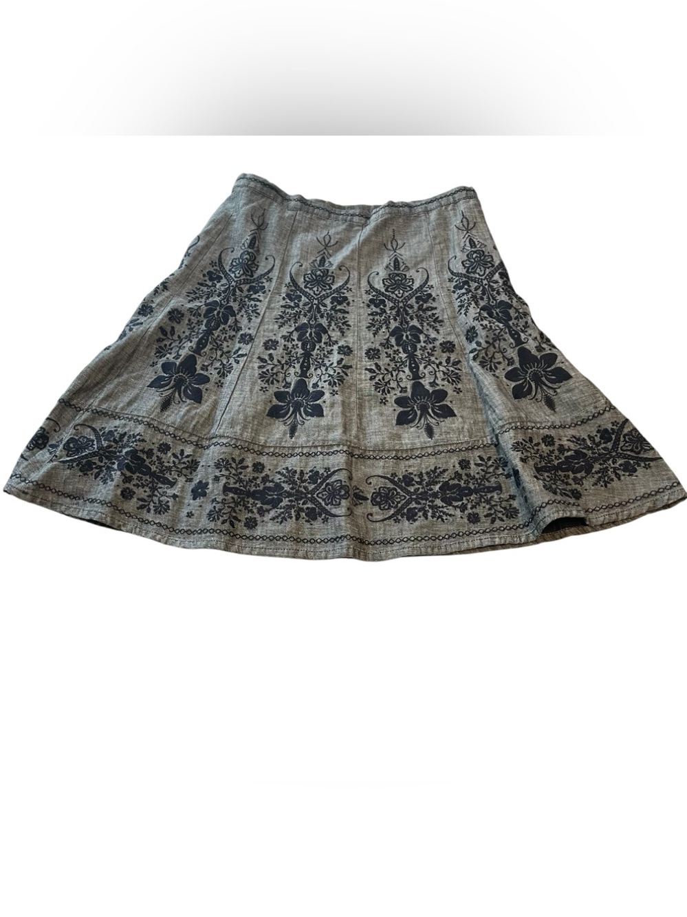 Next Petite Cotton Linen Gray Navy Embroidered A Line Womens Skirt UK 14 US 10